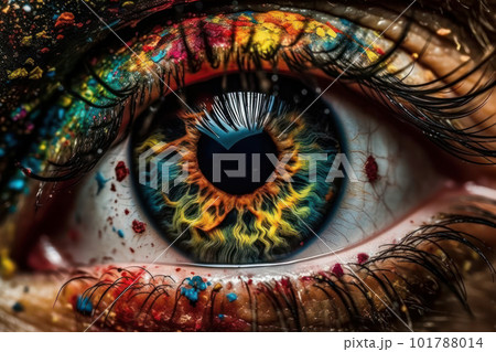 Saturated colors and abstract design of rainbow splash makeup on female eye. Dramatic close-up portrait of beauty model. Perfect for fashion and cosmetic photography. AI Generative. Saturated colors and abstract design of rainbow splash makeup on female eye. Dramatic close-up portrait of beauty model. Perfect for fashion and cosmetic photography. AI Generative. 101788014