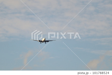 着陸態勢に入り、青空をゆっくりと進む飛行機 101788524
