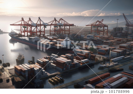 The impressive sight of a cargo ship in a busy harbor surrounded by colorful stacks of shipping containers a symbol of global trade. AI Generative. The impressive sight of a cargo ship in a busy harbor surrounded by colorful stacks of shipping containers a symbol of global trade. AI Generative. 101788996