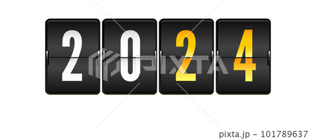Happy New Year 2024. Analog mechanical flip timetable on clean white Happy New Year 2024. Analog mechanical flip timetable on clean white 101789637
