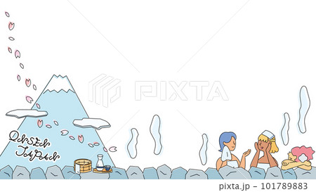 日本の温泉旅行を楽しむ3人組の女性のフレーム(春)(線画) 日本の温泉旅行を楽しむ3人組の女性のフレーム(春)(線画) 101789883