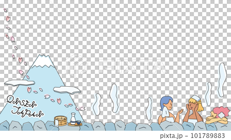 日本の温泉旅行を楽しむ3人組の女性のフレーム(春)(線画) 日本の温泉旅行を楽しむ3人組の女性のフレーム(春)(線画) 101789883