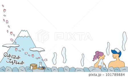 日本の温泉旅行を楽しむカップルのフレーム（春）（線画） 101789884