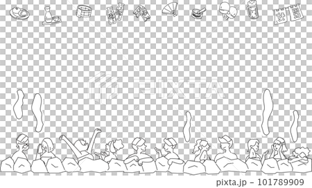 日本の温泉旅行と浴衣を着た人物のフレーム（線画白黒） 101789909