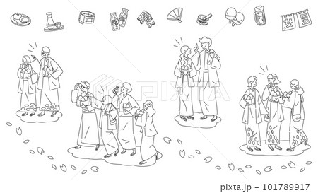 日本の温泉旅行と浴衣を着た人物のセット(春)(線画白黒) 日本の温泉旅行と浴衣を着た人物のセット(春)(線画白黒) 101789917