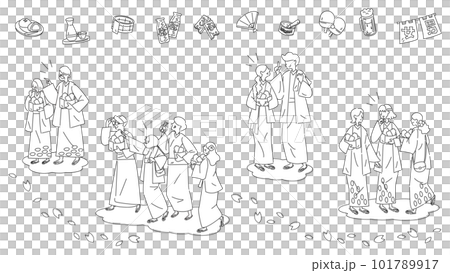 日本の温泉旅行と浴衣を着た人物のセット(春)(線画白黒) 日本の温泉旅行と浴衣を着た人物のセット(春)(線画白黒) 101789917