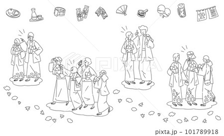 日本の温泉旅行と浴衣を着た人物のセット(秋)(線画白黒) 日本の温泉旅行と浴衣を着た人物のセット(秋)(線画白黒) 101789918