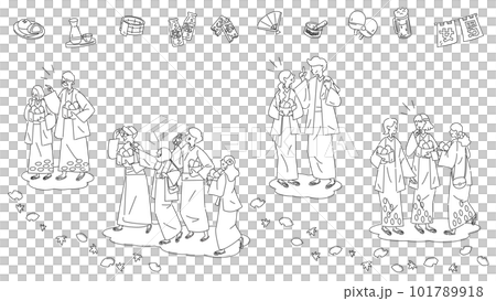 日本の温泉旅行と浴衣を着た人物のセット(秋)(線画白黒) 日本の温泉旅行と浴衣を着た人物のセット(秋)(線画白黒) 101789918