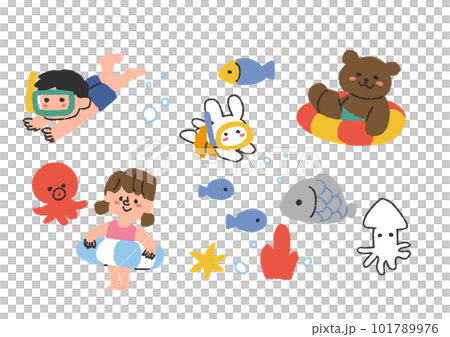 Illustration material of cute children swimming in the sea and bear and rabbit characters Illustration material of cute children swimming in the sea and bear and rabbit characters 101789976