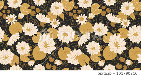 White lotus flowers seamless pattern. Cute golden water lily on black background. Floral japanese vector print White lotus flowers seamless pattern. Cute golden water lily on black background. Floral japanese vector print 101790216