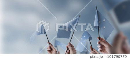 A group of people holding small flags of the Federated States Micronesia in their hands 101790779