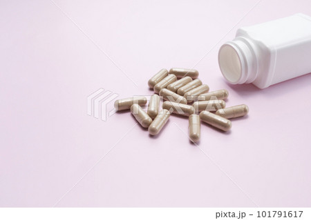 Scattered Softgel Capsules OF Slippery Elm, White Bottle, Container On Pink Background. Dietary Nutritional Supplement, Medication. Ulmus Fulva, Herbal Remedy Concept. Horizontal, Copy space For Text 101791617