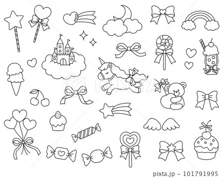 ユニコーンやお城などのゆめかわ線画イラストセット 101791995