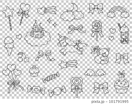 ユニコーンやお城などのゆめかわ線画イラストセット 101791995