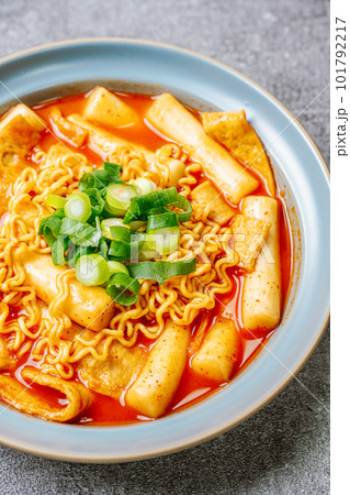 Rabokki, Korean style Stir-fried Instant Noodle : This dish is tteokbokki with ramen noodles. Tteokbokki is a spicy dish made with rice cake, vegetables, and fish cake, all stir-fried together in a go 101792217