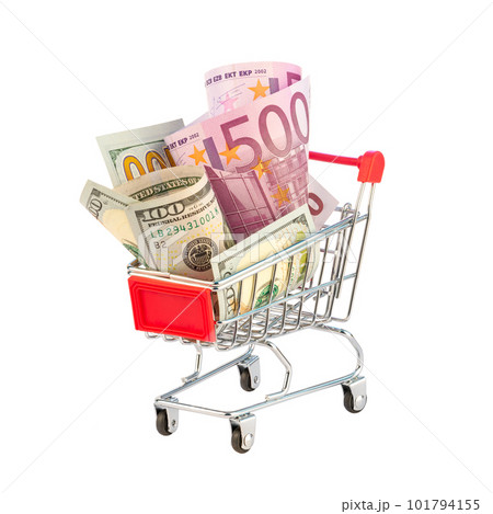 Euro bill bancnotes 500 and dollars 100 in shopping carts Euro bill bancnotes 500 and dollars 100 in shopping carts 101794155