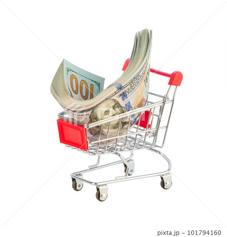 Dollar bill bancnotes 100 in shopping cart white background 101794160