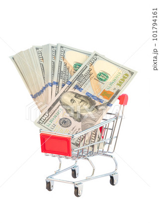 Dollar bill bancnotes 100 in shopping cart white background Dollar bill bancnotes 100 in shopping cart white background 101794161