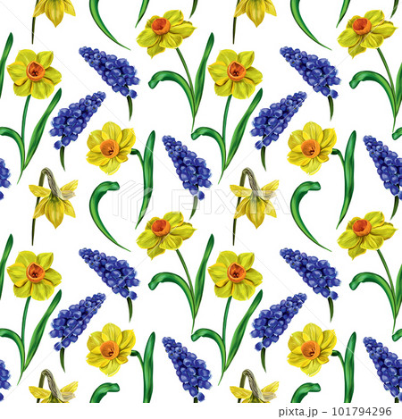 Seamless vector pattern with colorful spring flowers. Yellow daffodils, blue muscari, green leaves. Packaging design, cover, fabric, testille. 101794296