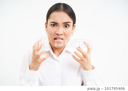 Angry office lady, asian businesswoman screams and clenches fists from anger, shakes from frustrated, stands over white background, loses temper 101795406