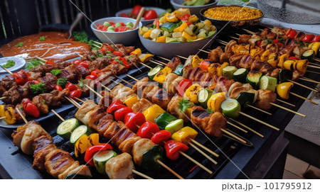 Skewered meat barbecue charcoalgrilled kebab outdoor skewer cooking kofta  ground meat skewers. AI Generated 23586595 Stock Photo at Vecteezy
