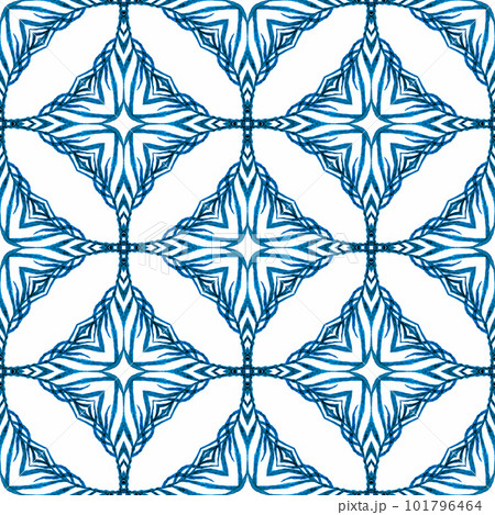 Textile ready adorable print, swimwear fabric, wallpaper, wrapping. Blue terrific boho chic summer design. Tiled watercolor background. Hand painted tiled watercolor border. 101796464