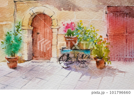 南フランスの小さな街 水彩画 風景画のイラスト素材 [101796660