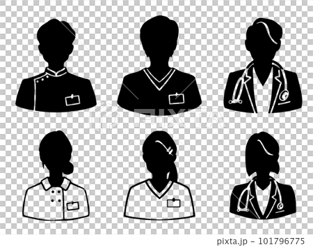Male and female medical personnel monochrome silhouette illustration set black 101796775