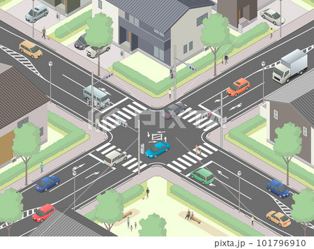 アイソメトリック図法で描いた日本の信号交差点[C]（市街地-02） 101796910