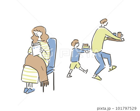 椅子に座って本を読んでくつろぐ妊娠したお母さんと、食器を運ぶお父さんと、子供（白背景） 101797529