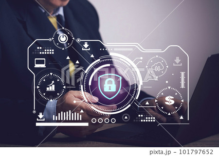 concept of online security. Businessman is verifying identity with security system to access transaction. Finance. Banking. Business. Technology. industry. Shopping. Hacker. 101797652