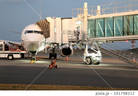 夕刻、空港で出発準備中の飛行機 101798312