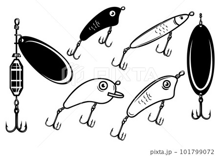 Set of illustrations of fishing bait, lure. - Stock