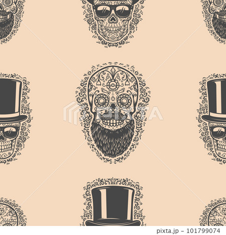Seamless pattern with sugar skulls. Design element for poster, card, banner, t shirt. Vector illustration 101799074
