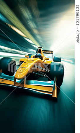 An Yellow Race Car Speeding around a Track with Intense Motion Blur 101799133