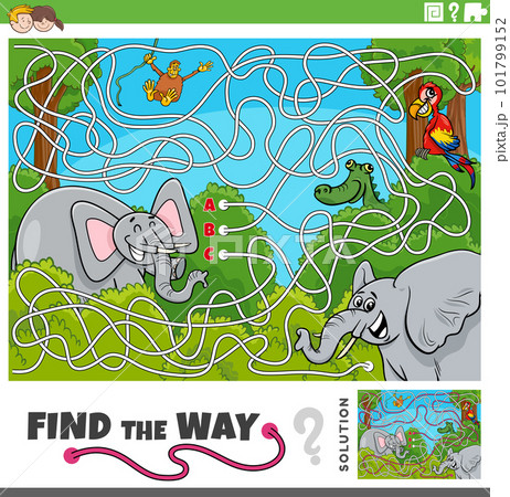 find the way maze activity with cartoon wild animals find the way maze activity with cartoon wild animals 101799152