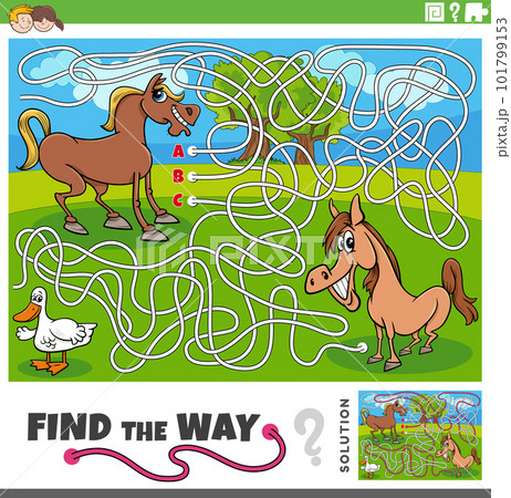 find the way maze game with cartoon wild animals 101799153