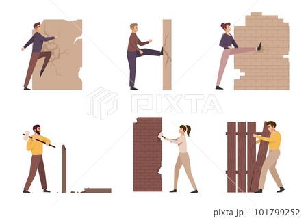 Business people destroying walls. Flat employees smash obstacles in different ways, break concrete. Men and women cartoon flat style isolated, nowaday vector set 101799252
