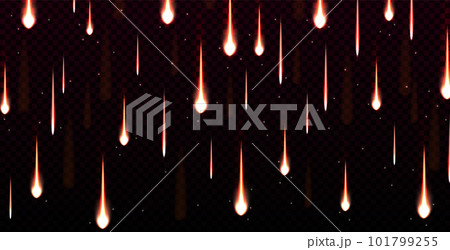 Realistic blue light effect of meteor rain in sky. Glowing comets with flame trails isolated on transparent background. Fireballs falling with glowing trails. 101799255