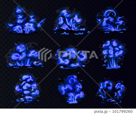 Blue fire explosion ui animation sprite vector set. Cartoon magic hit effect animated kit. Boom clouds and smoke elements for ui game. Atomic comics detonators for mobile animation 101799260