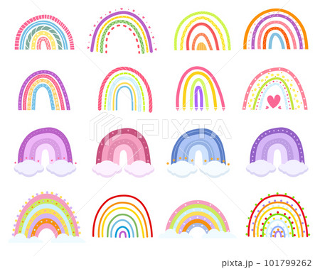 Cartoon rainbow. Colourful rainbows, heart and cloud with rainbow colors tail. Childish flat vector illustrations collection. 101799262