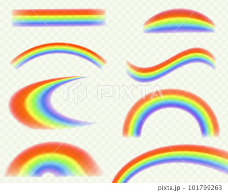 Different rainbow light shapes isolated. Refractions set, leak flare overlay, rainbow sunlight effect 101799263