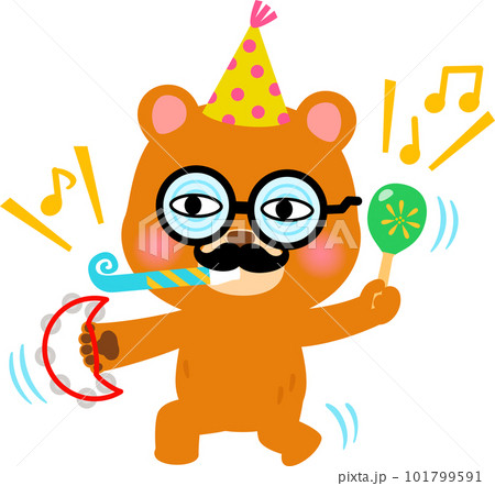 おどけた格好で楽器を鳴らすクマのキャラクター 101799591