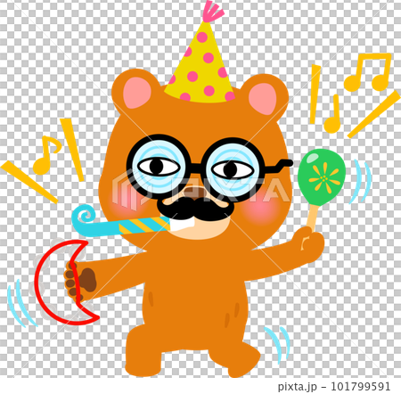 おどけた格好で楽器を鳴らすクマのキャラクター 101799591