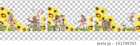 Watercolor horizontal seamless background with sunflowers set. Butterflies in cartoon style. Hand drawn illustration of summer.Perfect for scrapbooking, kids design,wedding invitation,greetings cards. 101799765