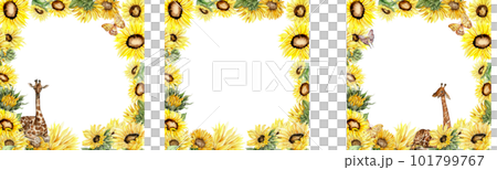 Watercolor horizontal seamless background with sunflowers set. Butterflies in cartoon style. Hand drawn illustration of summer.Perfect for scrapbooking, kids design,wedding invitation,greetings cards. 101799767