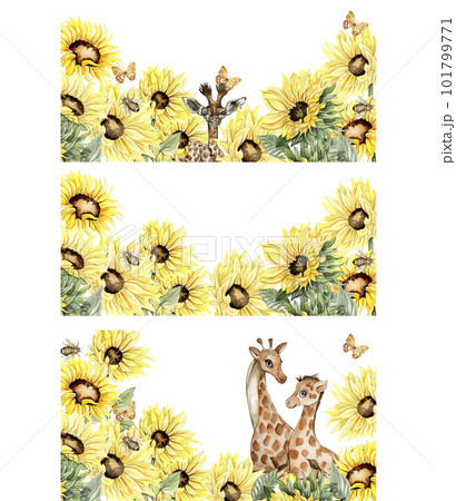 Watercolor horizontal seamless background with sunflowers set. Butterflies in cartoon style. Hand drawn illustration of summer.Perfect for scrapbooking, kids design,wedding invitation,greetings cards. 101799771