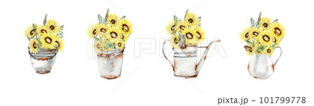 Watercolor composition set with sunflowers and old rusty garden tools. Hand drawn illustration of summer. Perfect for scrapbooking, kids design, wedding invitation, posters, greetings cards. Watercolor composition set with sunflowers and old rusty garden tools. Hand drawn illustration of summer. Perfect for scrapbooking, kids design, wedding invitation, posters, greetings cards. 101799778