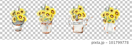 Watercolor composition set with sunflowers and old rusty garden tools. Hand drawn illustration of summer. Perfect for scrapbooking, kids design, wedding invitation, posters, greetings cards. Watercolor composition set with sunflowers and old rusty garden tools. Hand drawn illustration of summer. Perfect for scrapbooking, kids design, wedding invitation, posters, greetings cards. 101799778