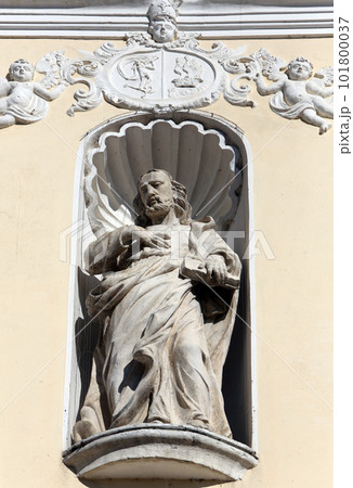 Jesus Christ Savior on the portal of Holy Cross, parish Church of the Immaculate Conception of the Virgin Mary in Lepoglava, Croatia Jesus Christ Savior on the portal of Holy Cross, parish Church of the Immaculate Conception of the Virgin Mary in Lepoglava, Croatia 101800037